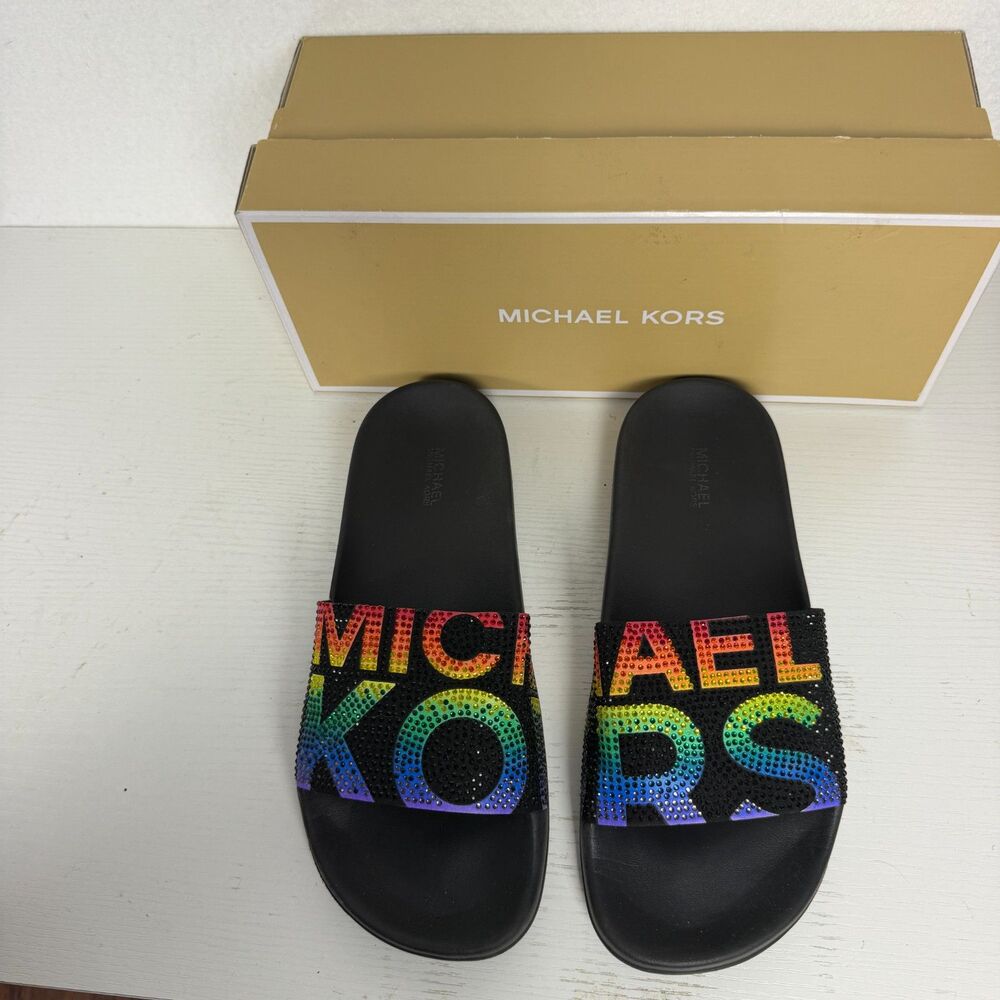 Michael Kors Gilmore Slide Womens 8 Black Multi Rainbow Crystal Logo Sandals